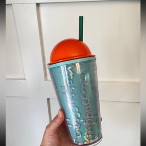 Starbucks Frappuccino Cup‎ Tumbler Green , Orange Dome Lid 16oz.2014